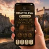 Hand holding a smartphone displaying a Bratislava treasure-hunt game screen with a chest image and Slovak text on the cover.