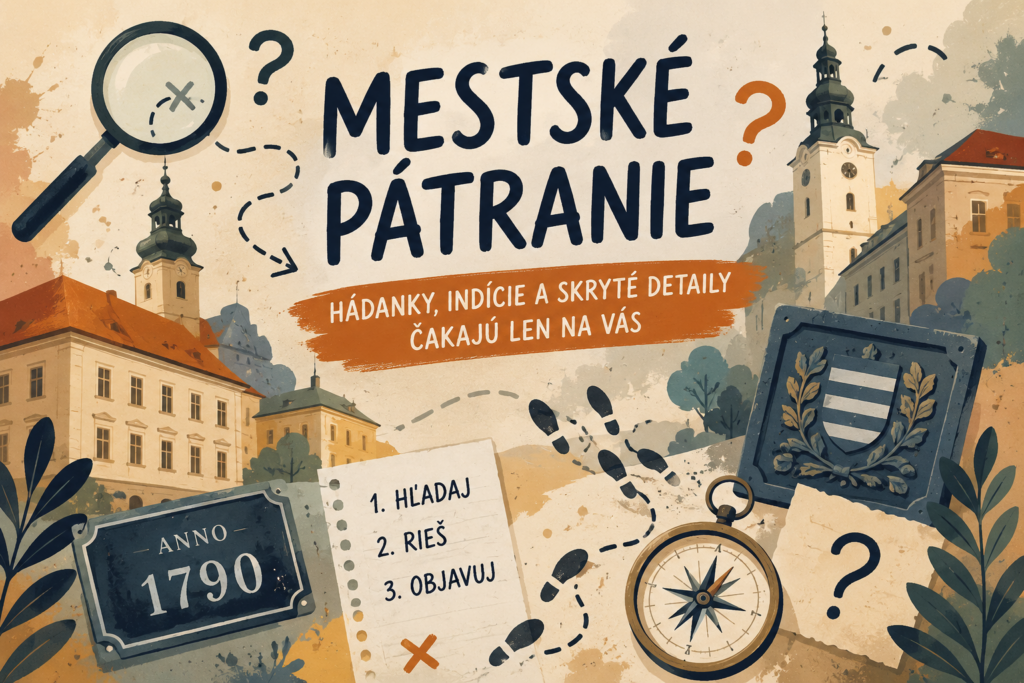 Poster-style illustration for a city treasure hunt with magnifying glass, compass, and old town buildings; Slovak title 'Mestské Pátranie' and clues on a sheet of paper.